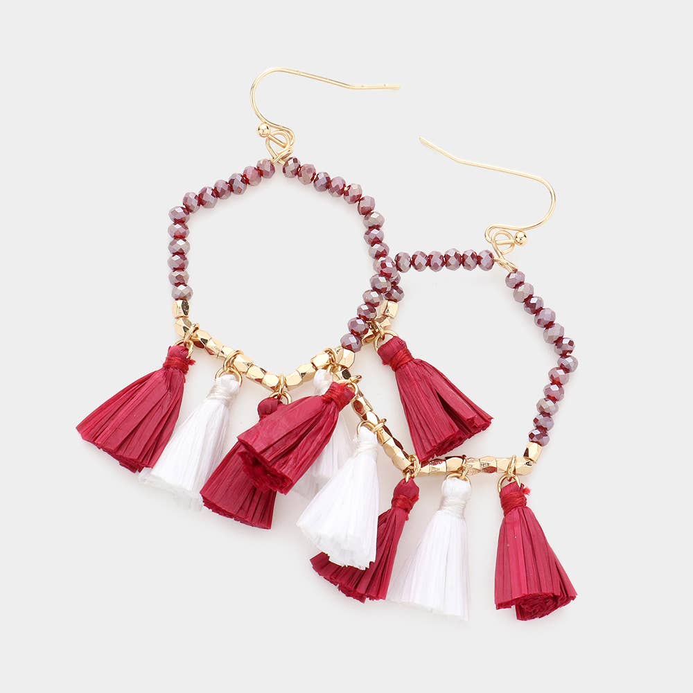 Game Day Beaded Open Hexagon Raffia Tassel Dangle Earrings