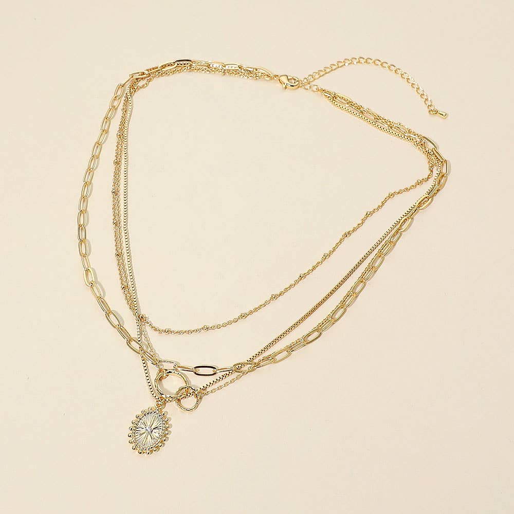 Oval Sunburst Charm Mixed Chain Layered Necklace