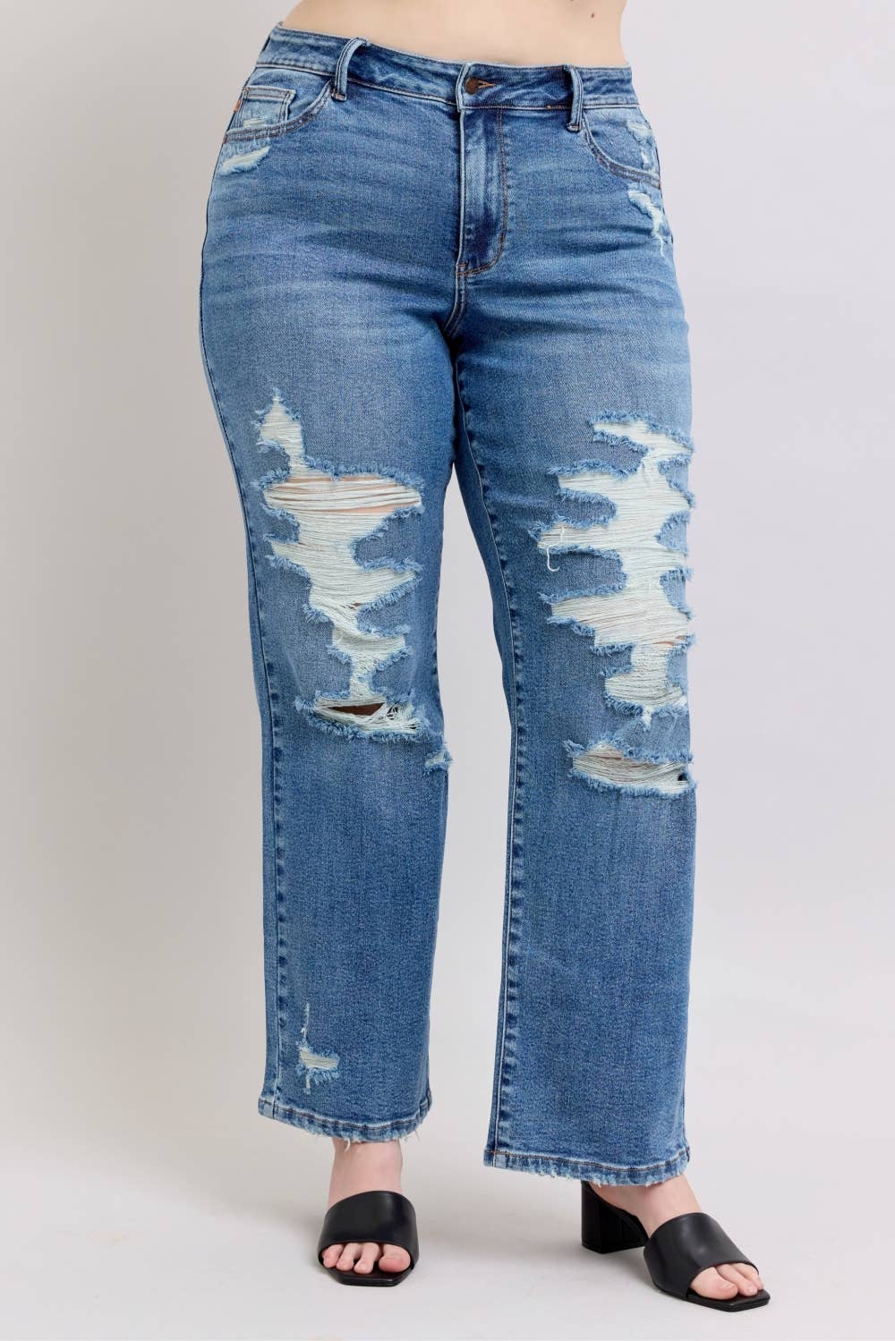 PLUS - Judy Blue High Waist Distressed Straight Leg Denim