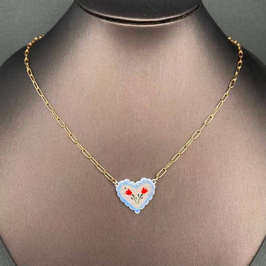 Flower Pattern Heart Charm Necklace