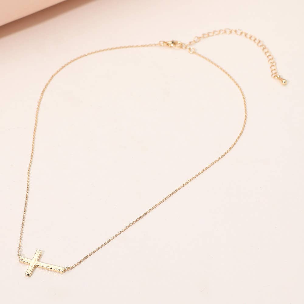 Gold or Silver Hammered Metal Sideways Cross Pendant Necklace