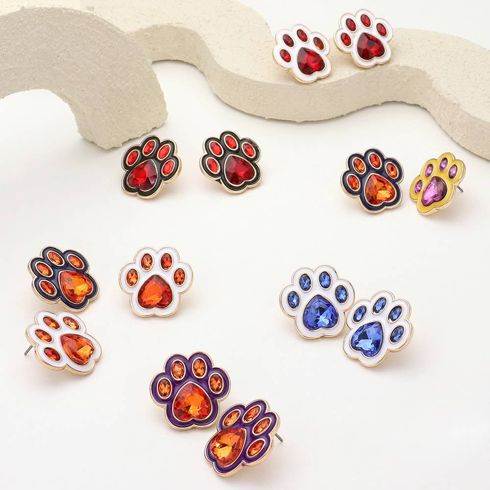 Enamel Stone Game Day Paw Stud Earrings