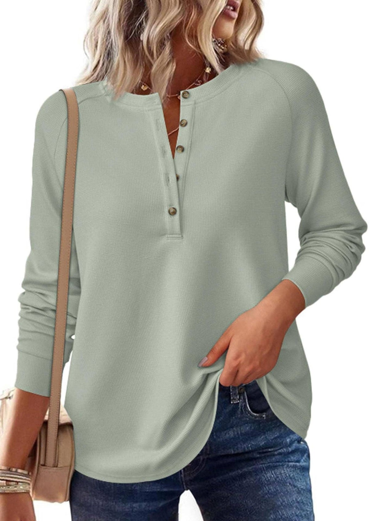 Button Front Waffle Knit Long Sleeve Top