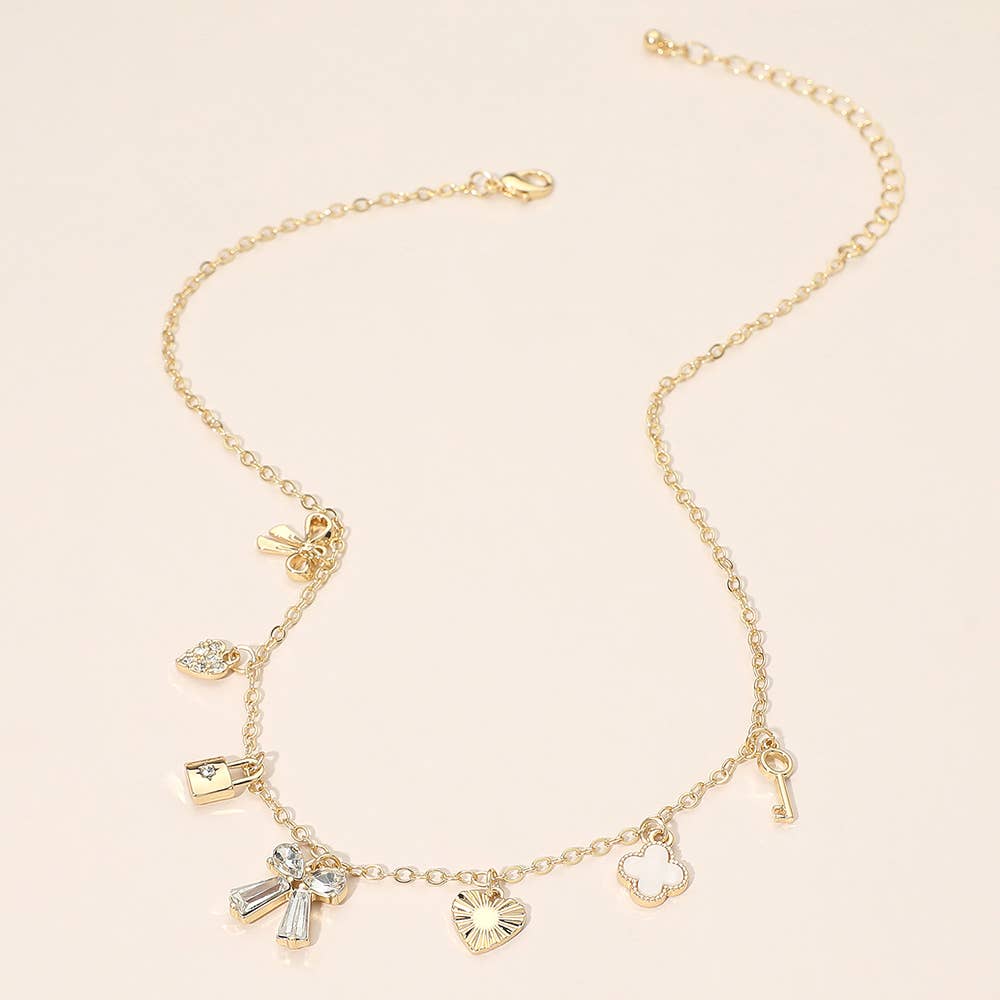 Gold Dipped Bow Quatrefoil Lock Heart Charm Station Necklace