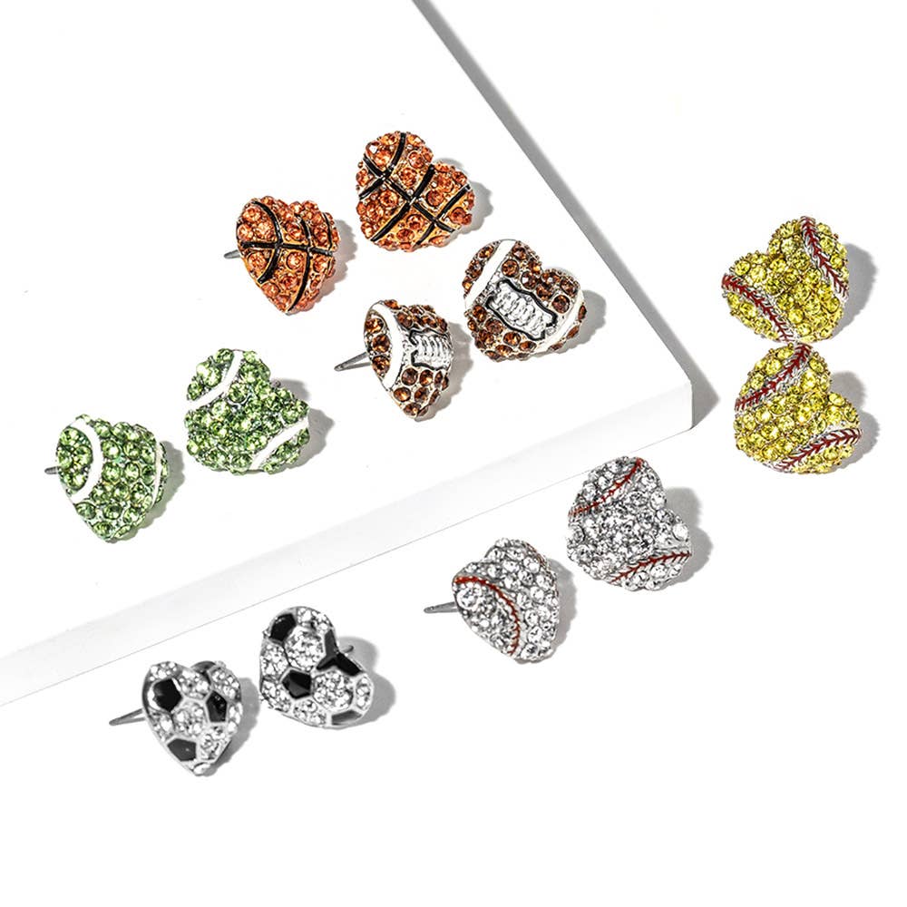 Baseball Crystal Pave Heart Stud Earrings