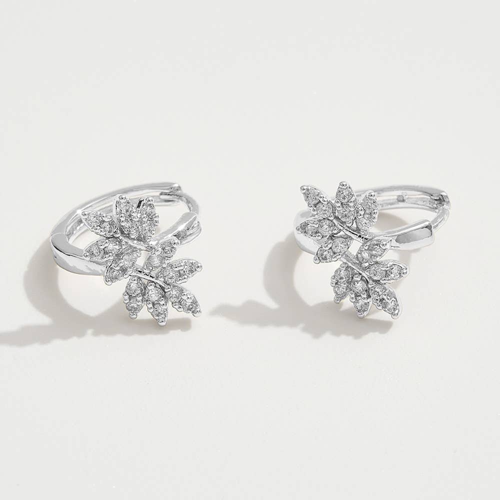 14K Gold or Silver Dipped CZ Leaves Mini Huggie Earrings