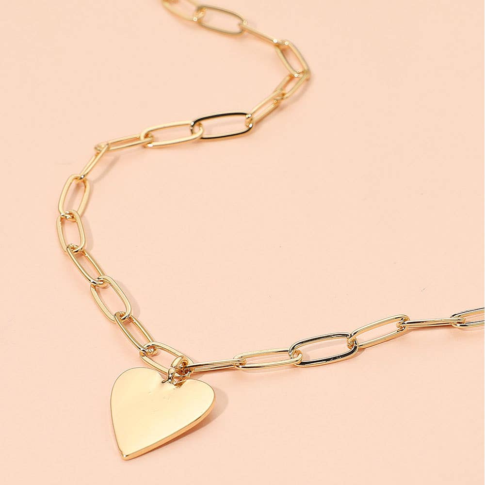 Gold or Silver Metal Heart Pendant Paperclip Chain Necklace