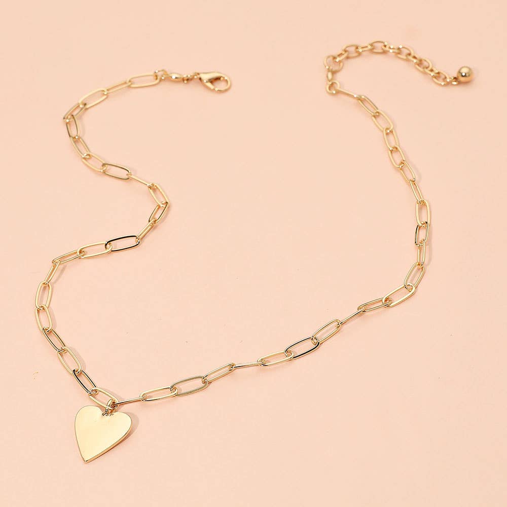 Gold or Silver Metal Heart Pendant Paperclip Chain Necklace