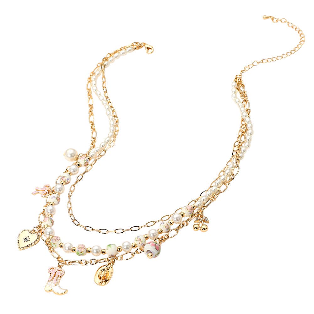 Western Cowboy Boot Hat Bow Cherry Heart Charm Station Pearl Floral Ceramic Ball Beaded Layered Necklace: Gold,Pink