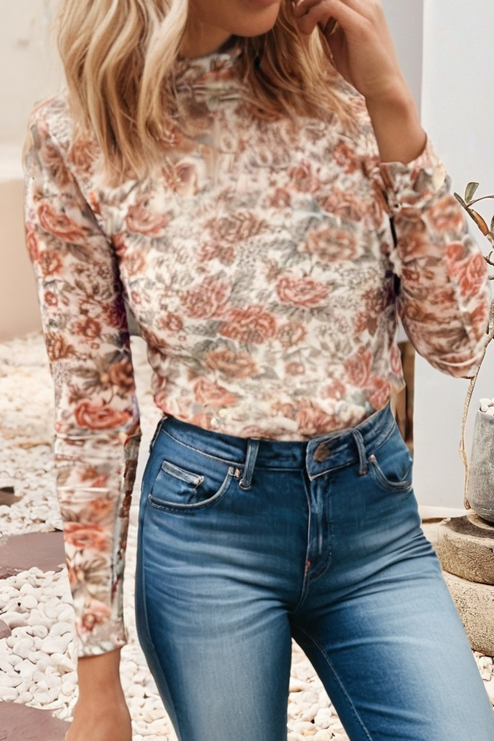 Spring Retro Floral Mock Neck Mesh Long Sleeve