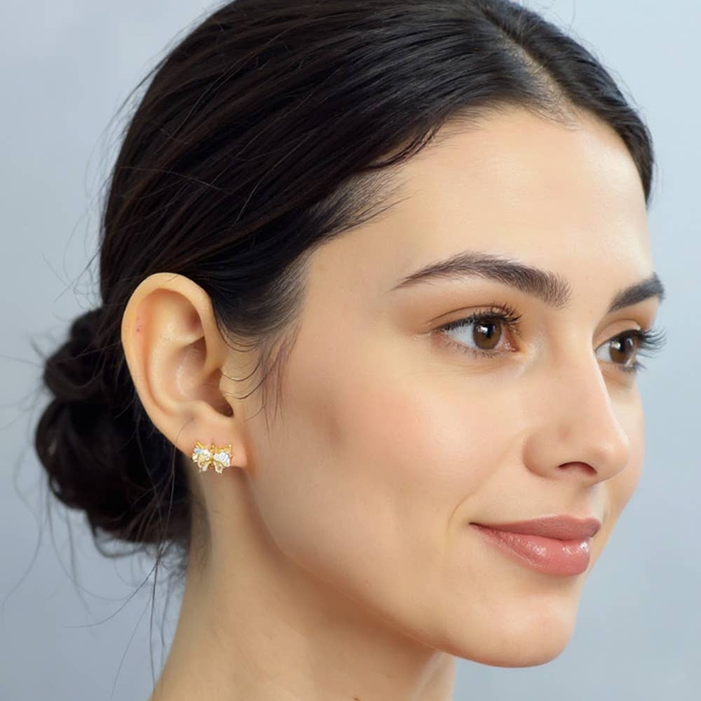 14K Gold Dipped CZ Stone Mini Bow Stud Earrings