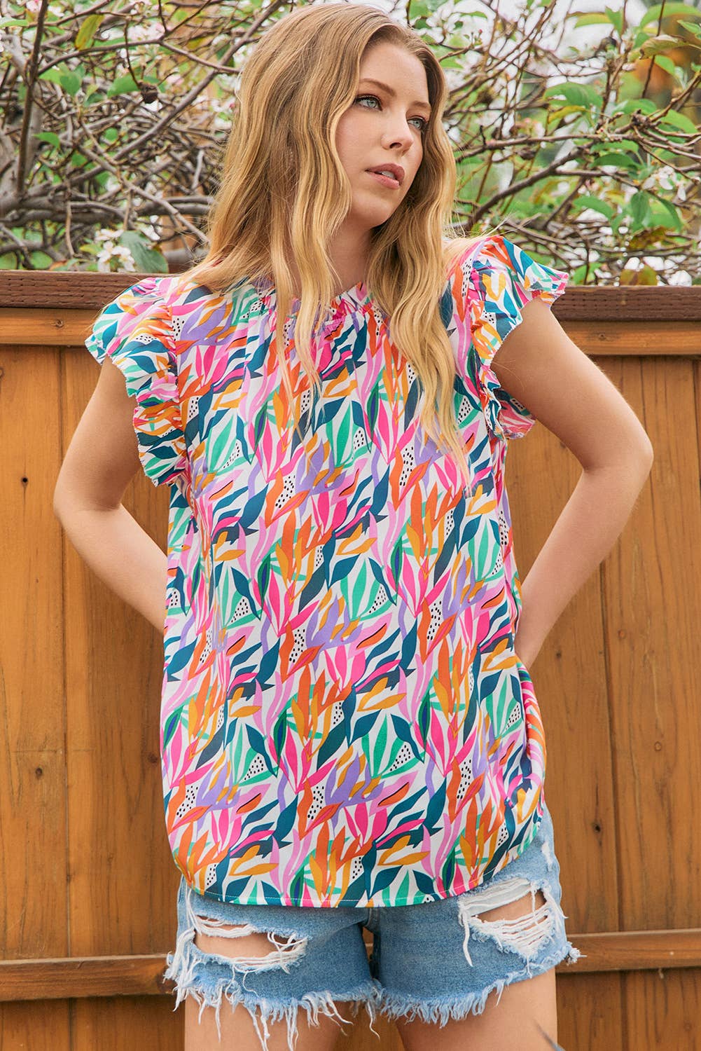 Floral Print Ruffled Flutter Sleeve Blouse