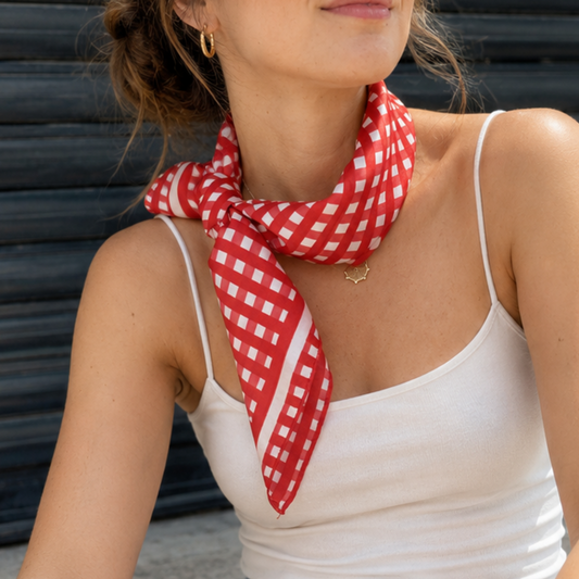 Picnic Red Gingham Satin Silk Square Scarf