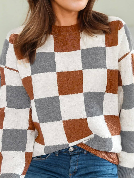 Plus Size Checkered Crewneck Sweater