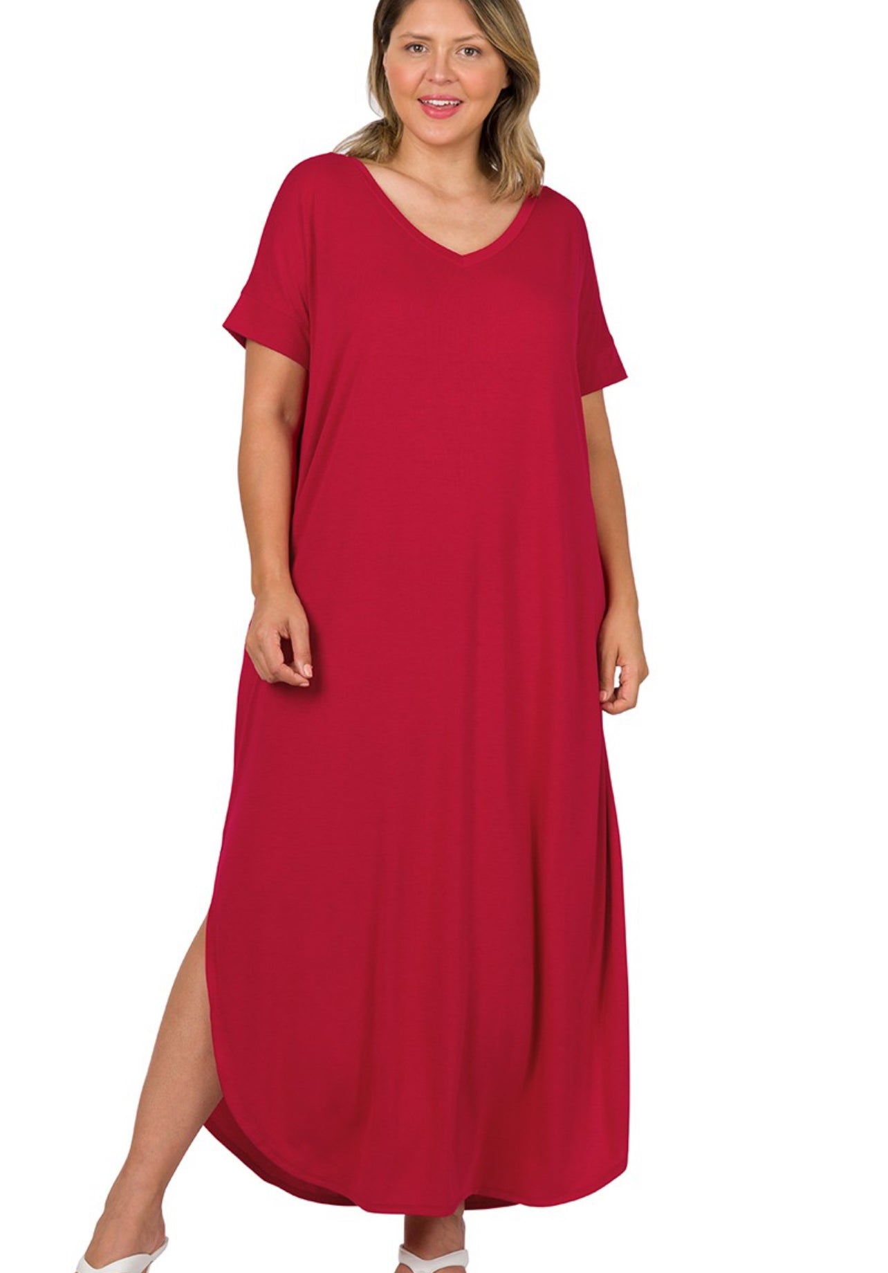 Plus Size V-neck T-shirt Dress with Pockets ￼