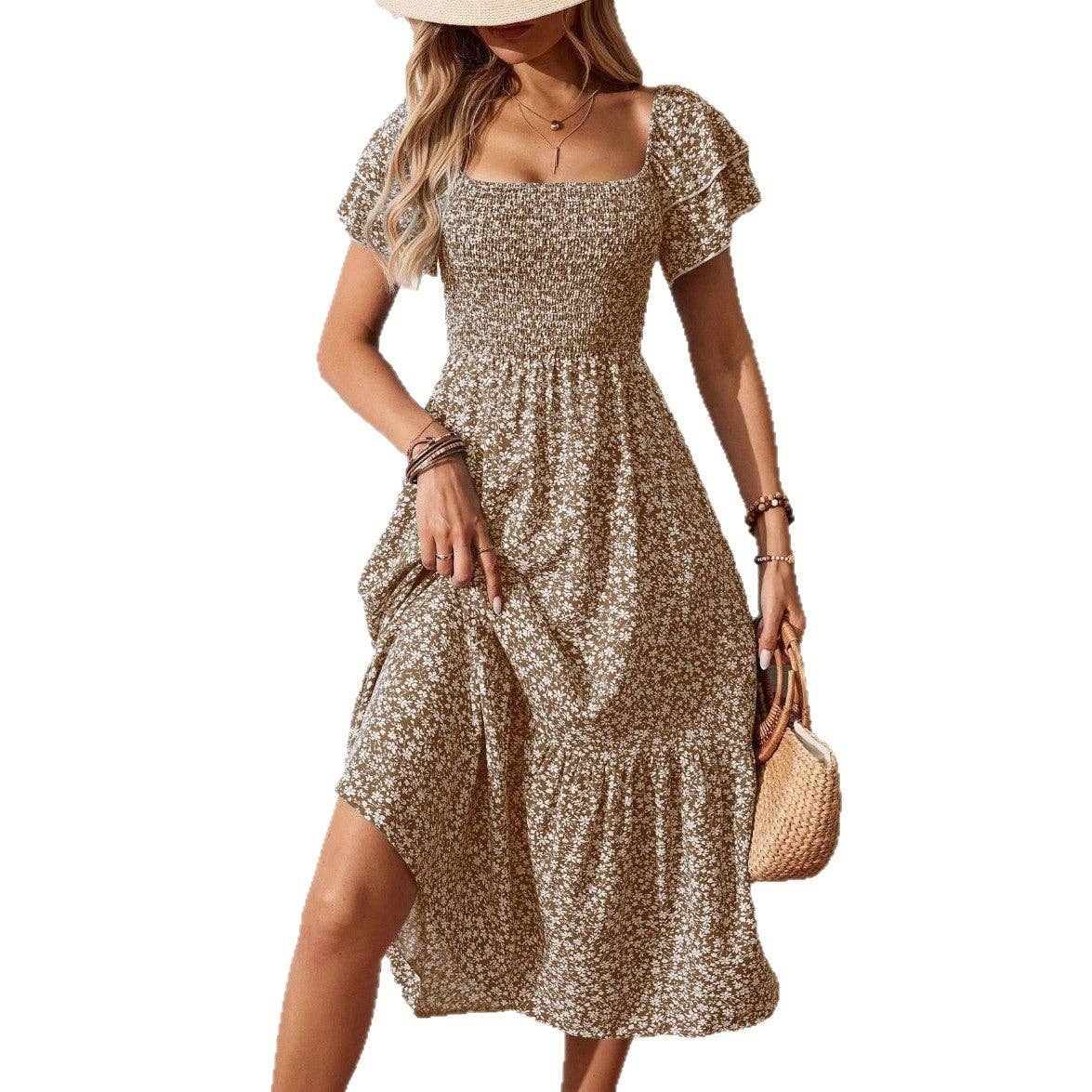 Floral Smocked Short Sleeve Maxi Dress