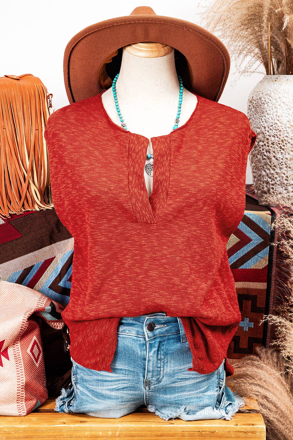 Fashion-W Split V Neck Short Sleeve Sweater