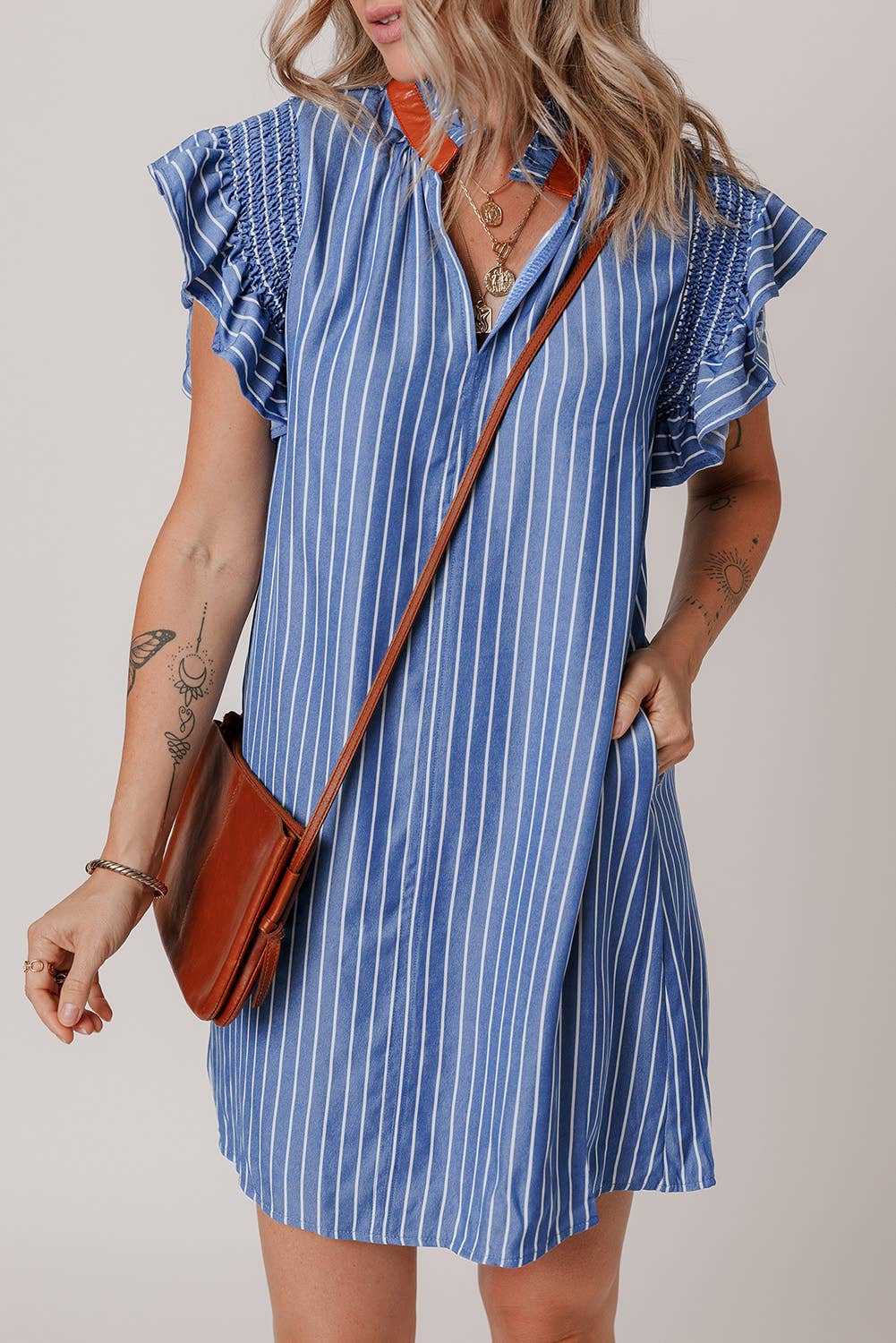 Stripe Frilly Split Neck Shirred Ruffle Sleeve Short Dress