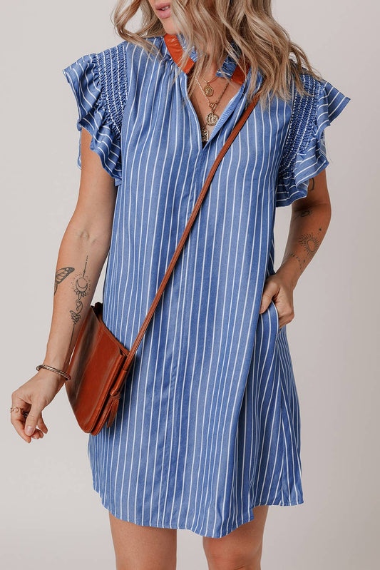 Stripe Frilly Split Neck Shirred Ruffle Sleeve Short Dress