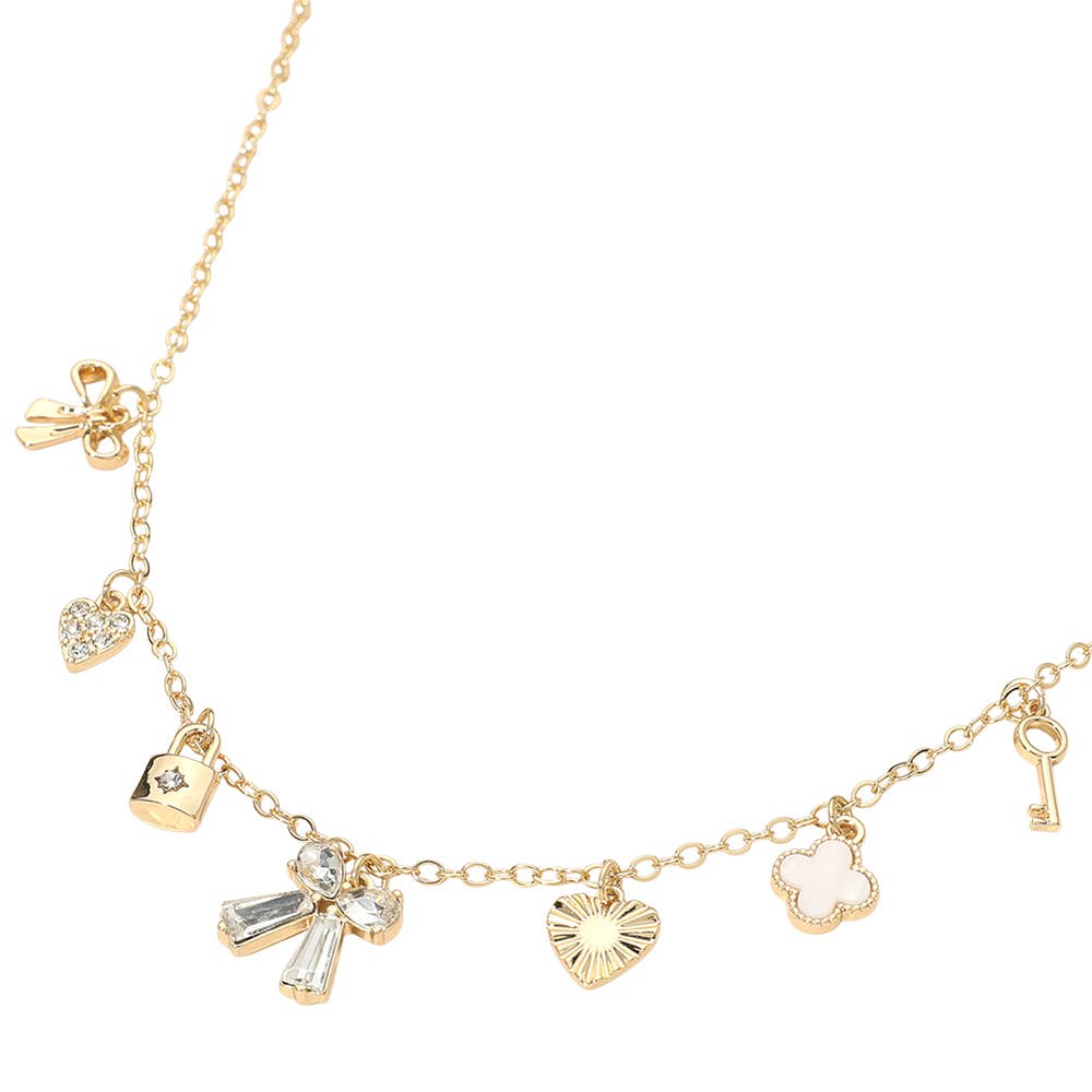 Gold Dipped Bow Quatrefoil Lock Heart Charm Station Necklace