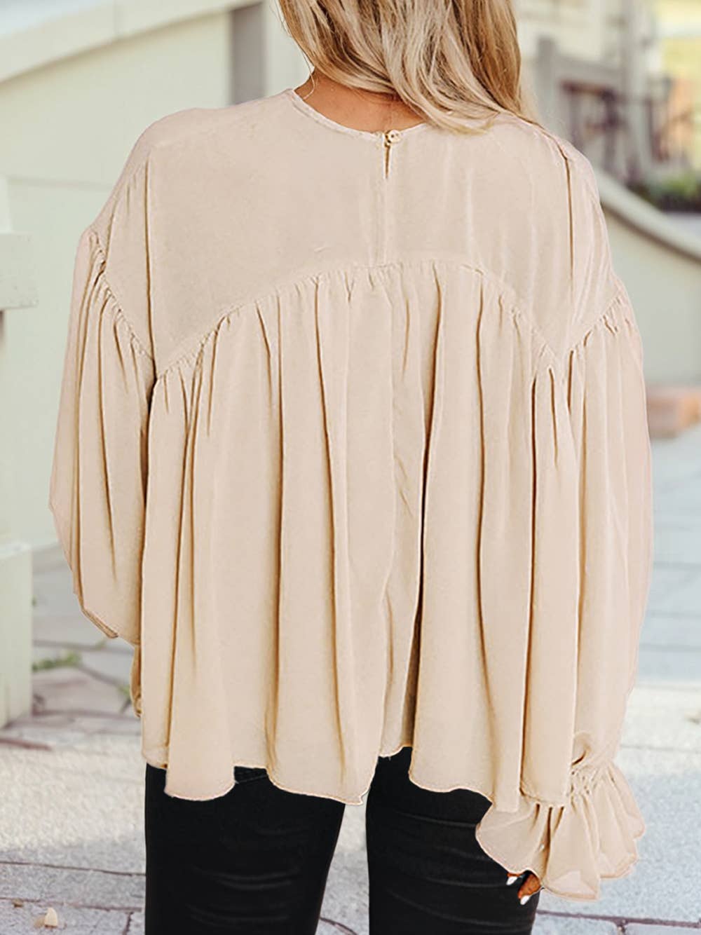 Pleated Ruffle Long Sleeve Chiffon Blouse