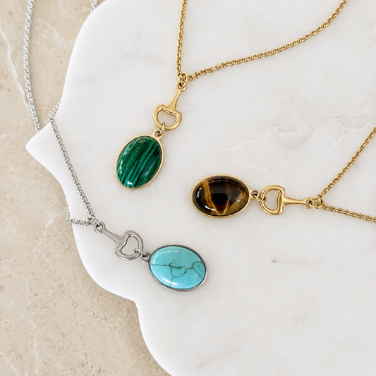 Equestrian Bit Natural Stone Necklace, Waterproof Golden Steel