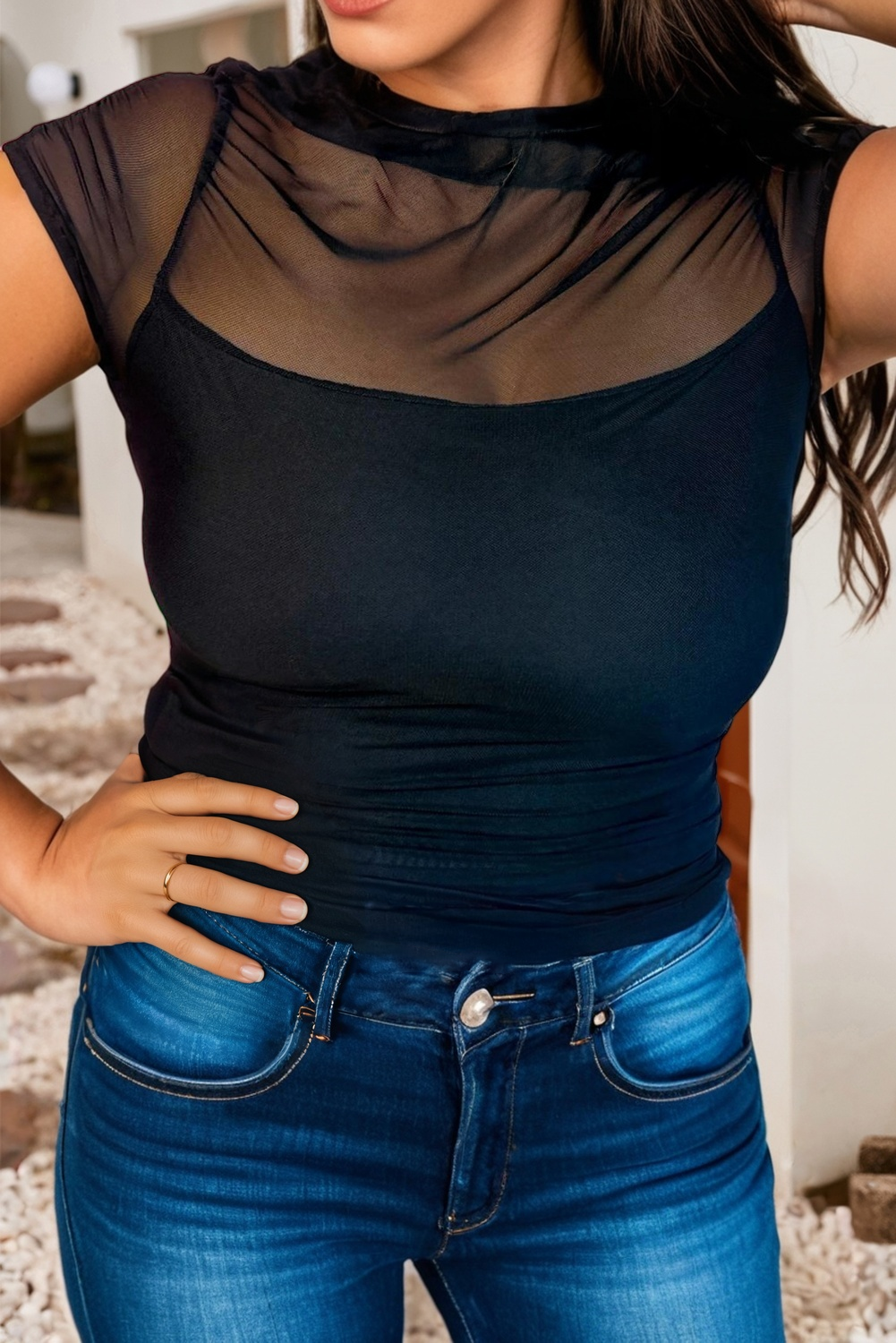 Sheer Mesh Patchwork Cap Sleeve T Shirt