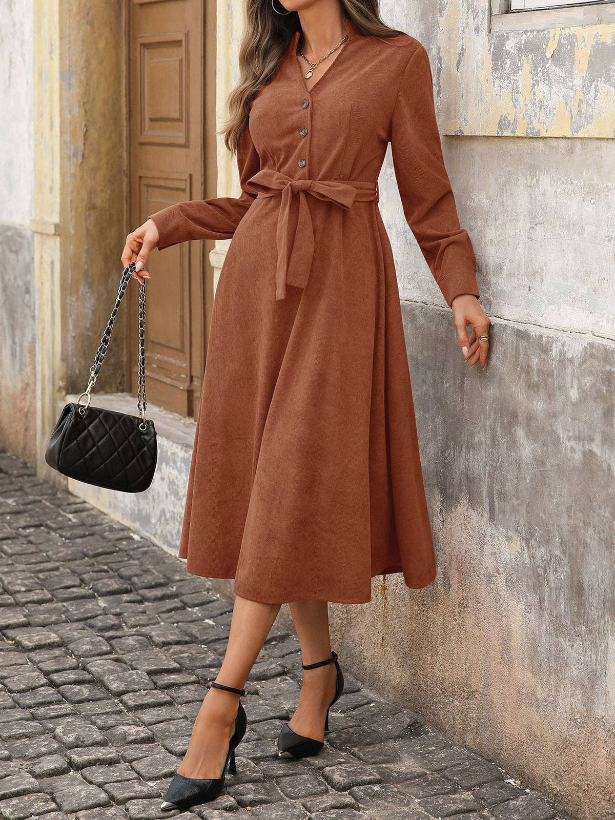 Corduroy Midi Dress Belted Waist Long Sleeve