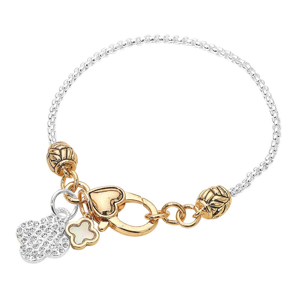 Stone Paved Mother of Pearl Quatrefoil Charm Bracelet