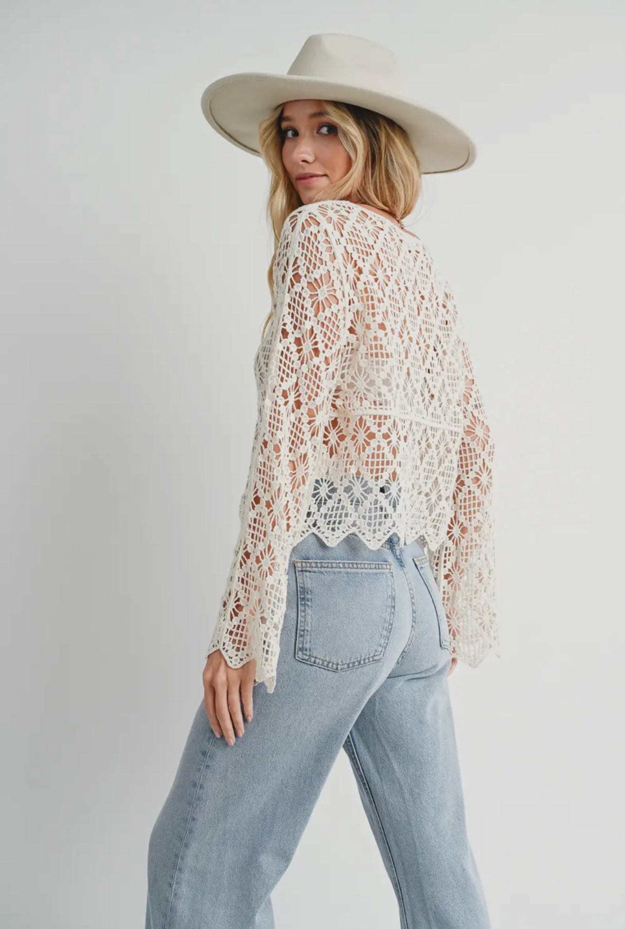 Sheer Crochet Boat Neck Pullover