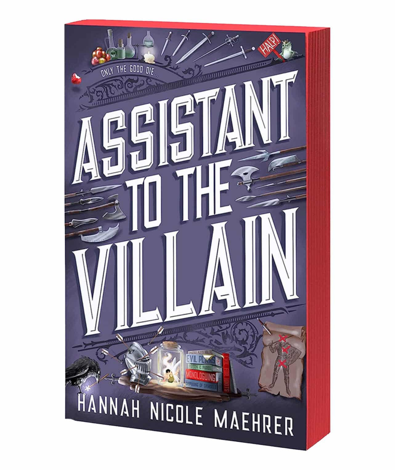 Book cover of 'Assistant to the Villain' by Hannah Nicole Maehrer with a purple and red design.