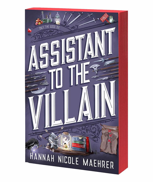 Book cover of 'Assistant to the Villain' by Hannah Nicole Maehrer with a purple and red design.