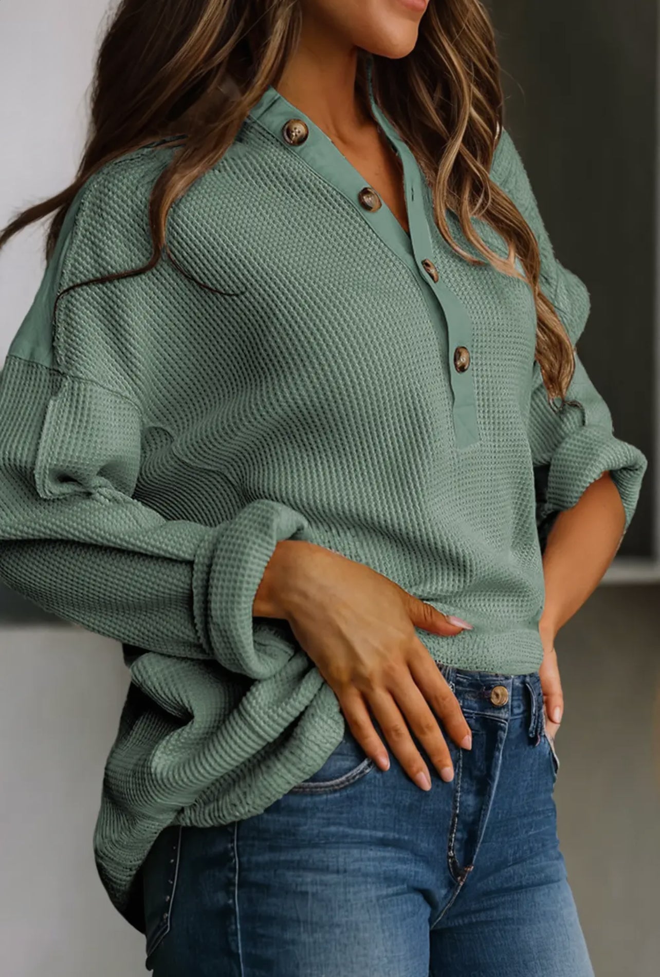 Waffle Oversized Long Sleeve Top