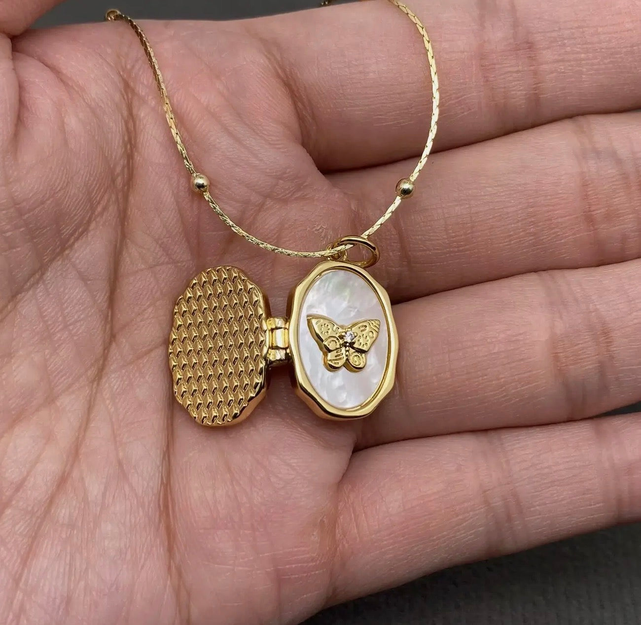 Butterfly Locket Shell Inlay Charm Necklace
