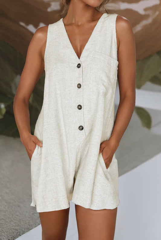 Sleeveless Button Front V Neck Linen Romper