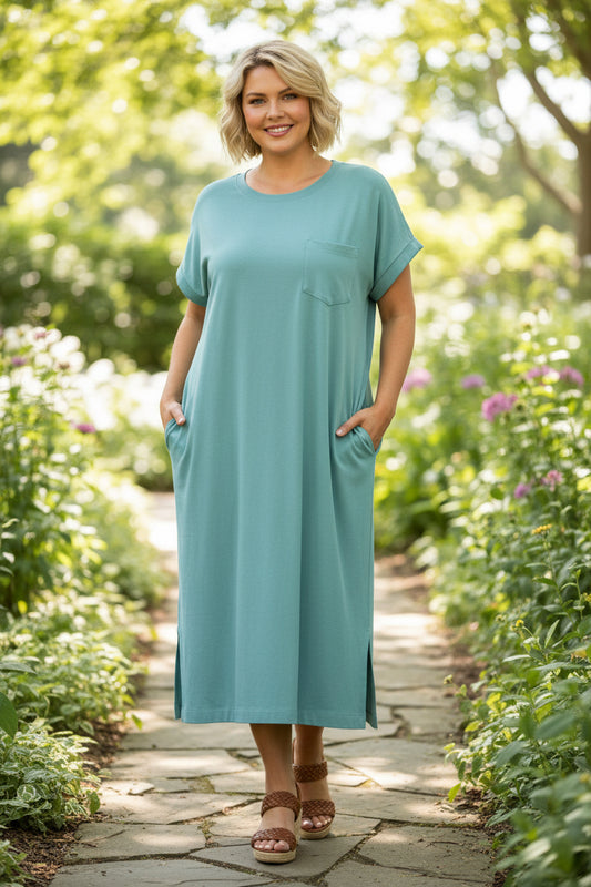 Plus Round Neck Short Sleeve MIDI Dress