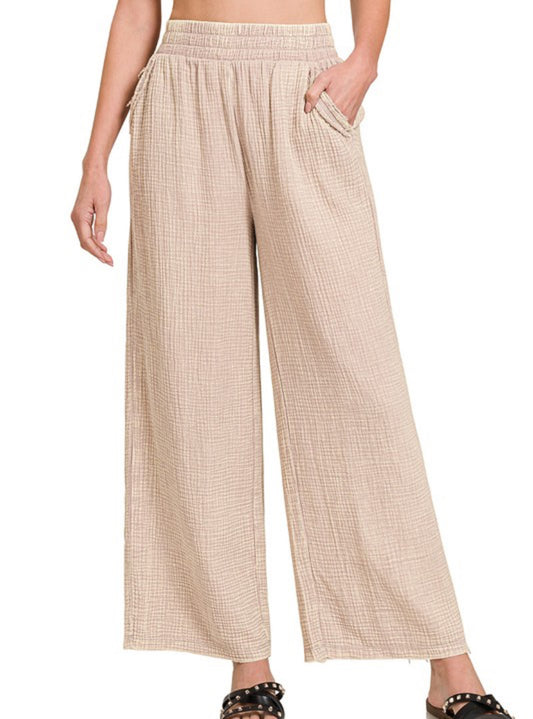 Washed Double Gauze Wide Leg Pants