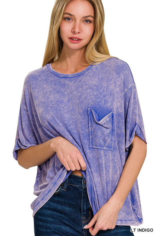 Washed Ribbed Cuffed Short Sleeve Round Neck Top