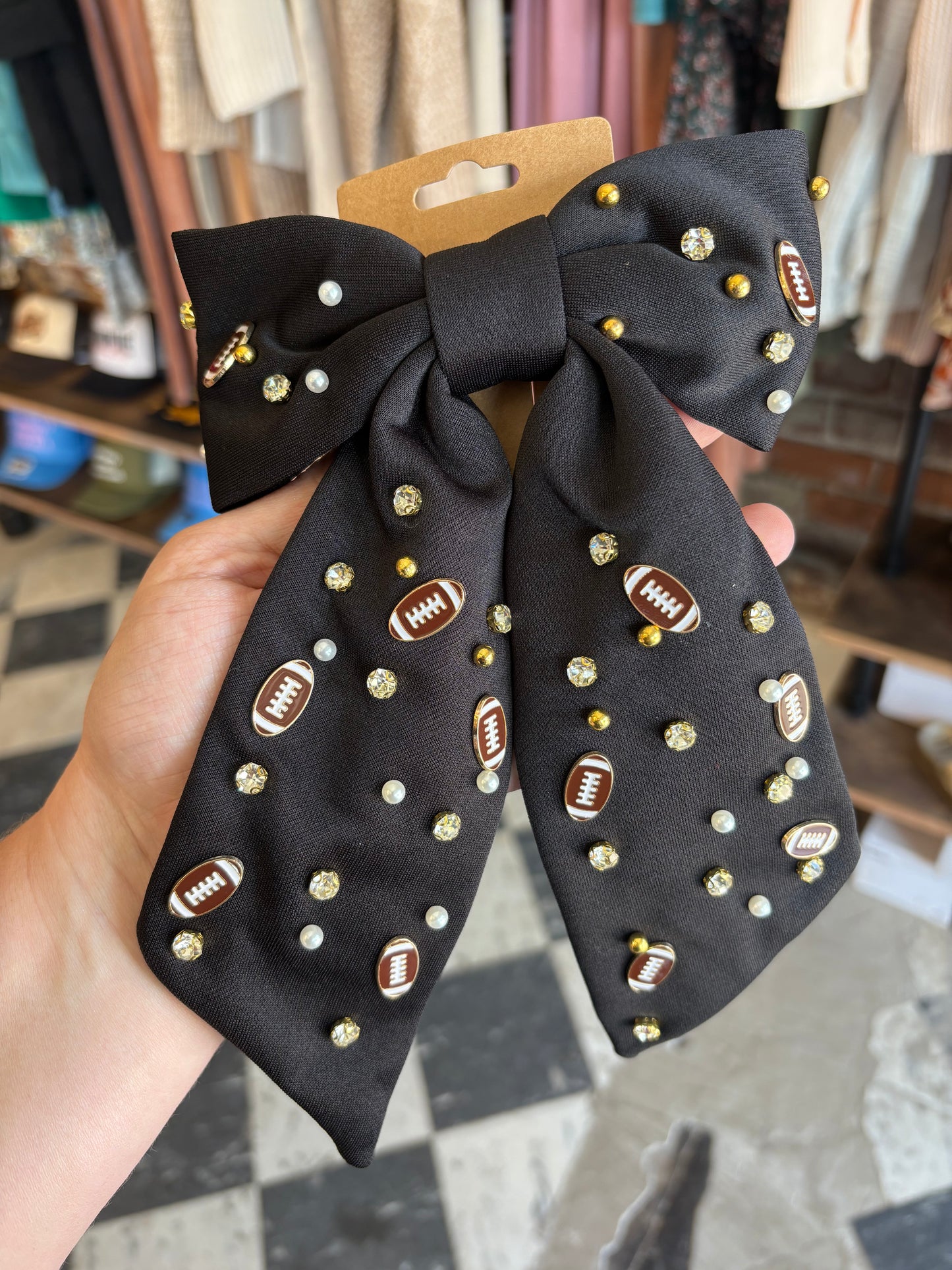 Rhinestone Football Bow Hair Clip