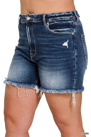 Plus Dark Wash Frayed Hem Denim Shorts