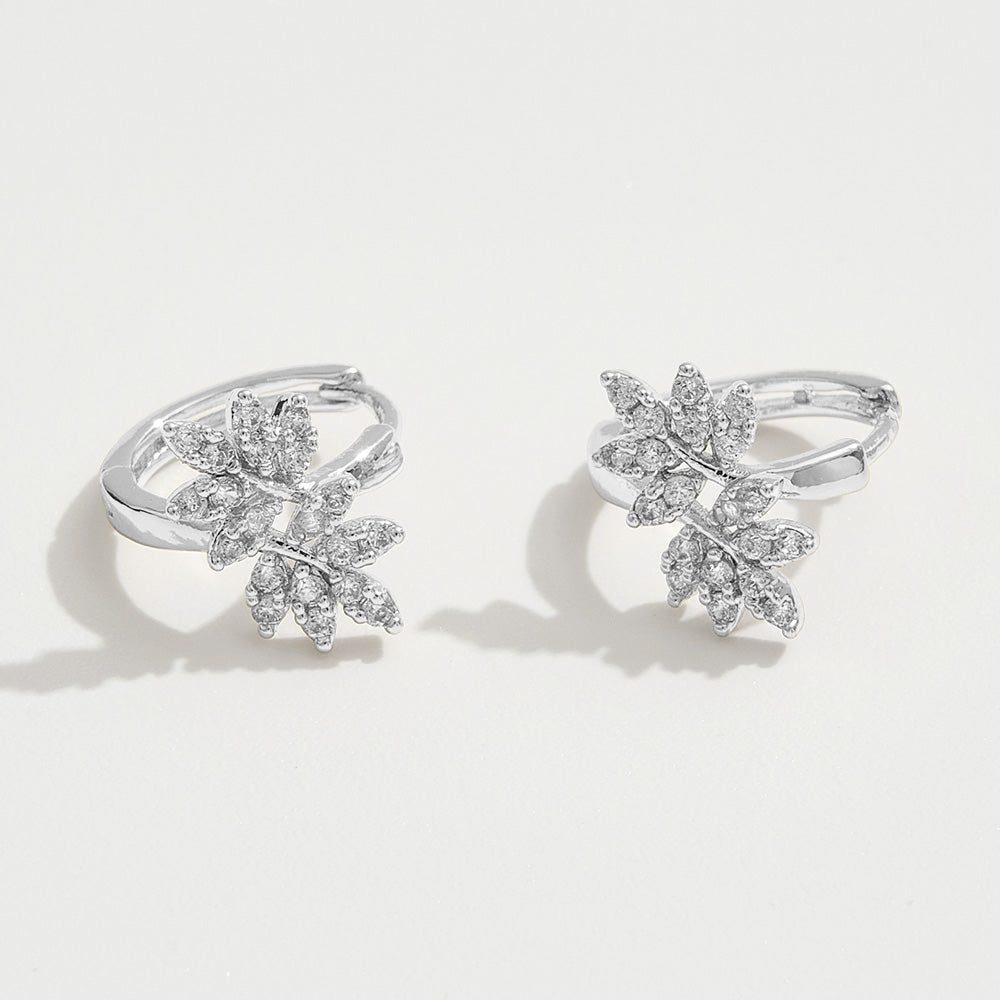 14K Gold or Silver Dipped CZ Leaves Mini Huggie Earrings