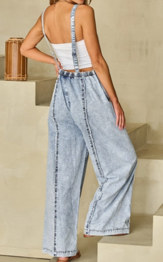 Light Wash Frayed Seam Wide Leg Overall