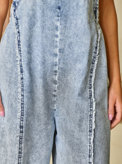 Light Wash Frayed Seam Wide Leg Overall