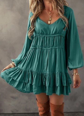 Tier Ruffle Puff Sleeve Mini Dress, Mist Green