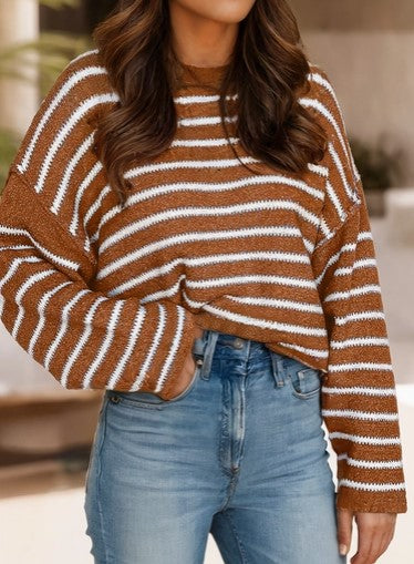 Striped Drop Shoulder Casual Sweater, Brown