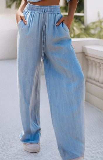 Drawstring Chambray High Waist Wide Leg Denim Pants