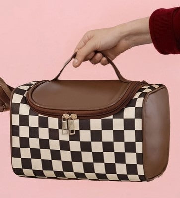 Checkered Faux Leather Zipper Makeup Bag