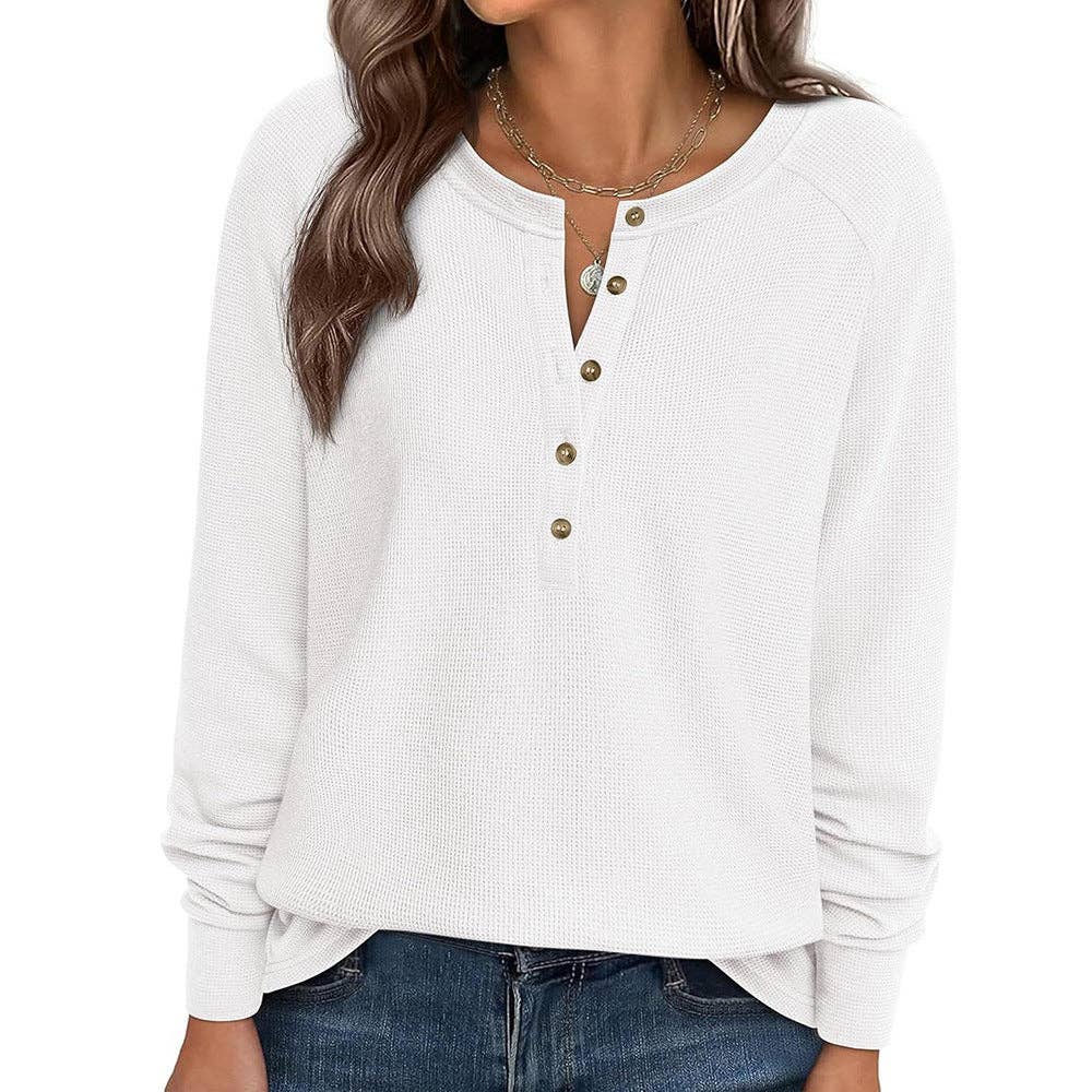 Button Front Waffle Knit Long Sleeve Top