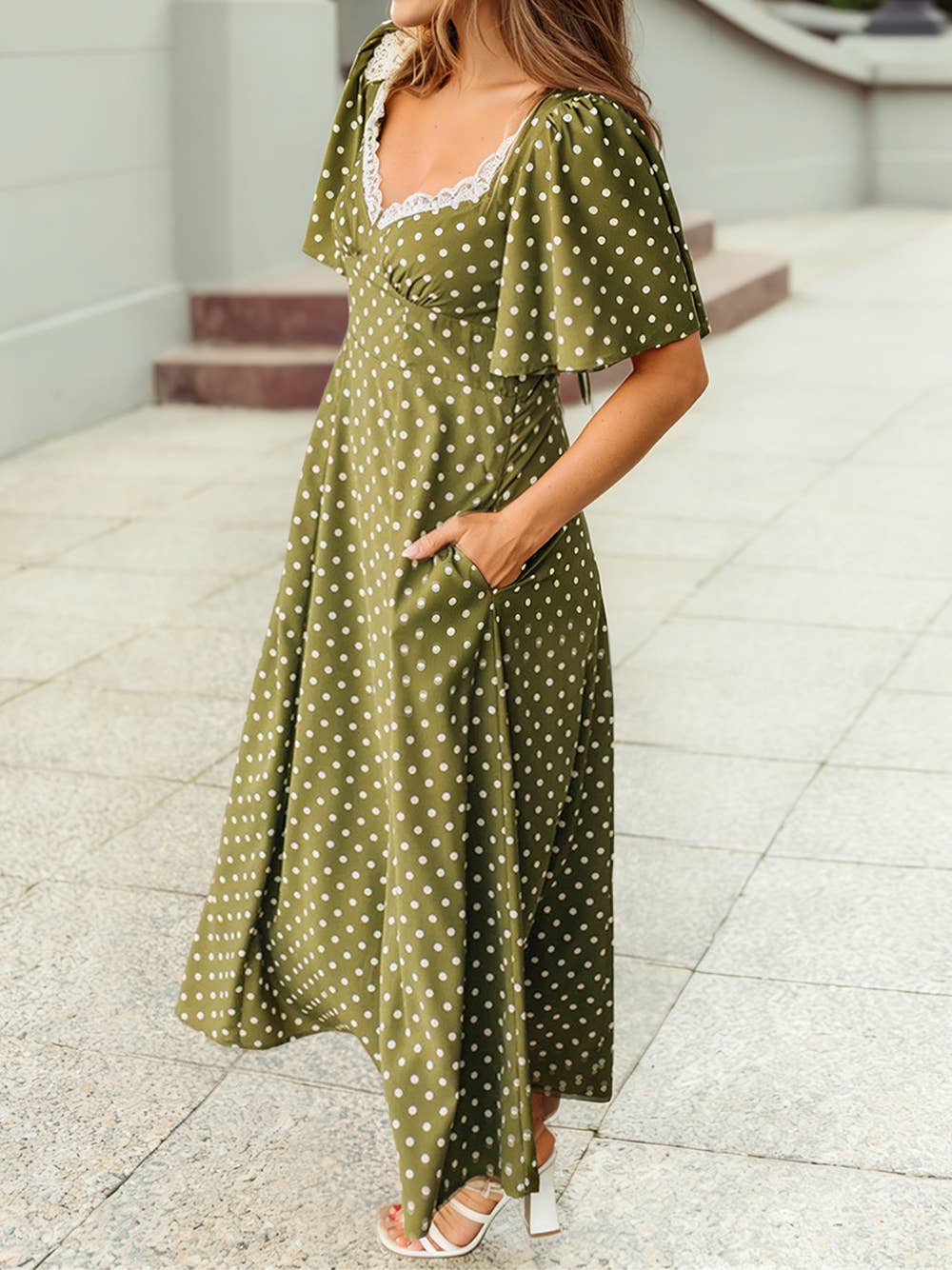 Polka Dot Lacy Neckline Smocked High Waist Maxi Dress | S-4X