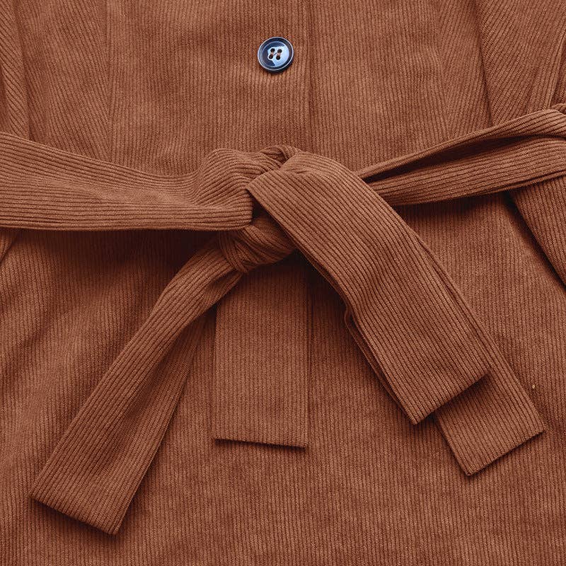 Corduroy Midi Dress Belted Waist Long Sleeve